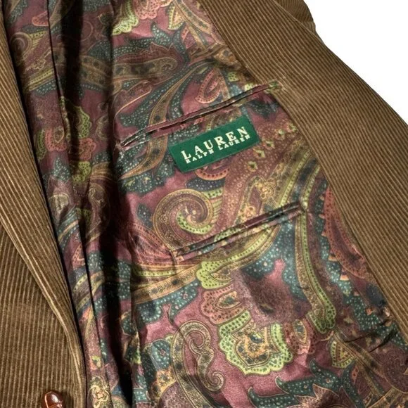 Lauren Ralph Lauren Corduroy Blazer Sports Coat 46R Brown Elbow Patch Heritage